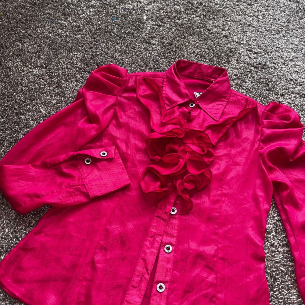 Vintage Retro 80s Style Hot Pink Ruffle Front Puffed Sleeve Button Up Blouse XS - Picture 6 of 6